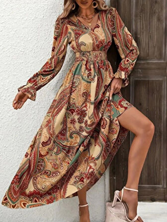 Kadın Uzun Kollu V Yakalı Beli Lastikli Desenli Süprem Elbise