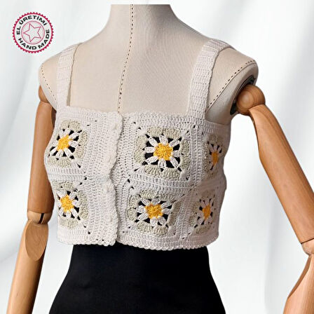 Uretti - Yıldız 7202 4745 El Örgüsü Yazlık Beyaz Kadın Büstiyer / Crop Bluz - 36/38/40 - Açık Yeşil