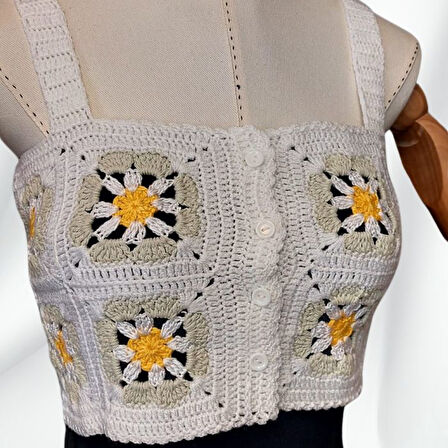 Uretti - Yıldız 7202 4745 El Örgüsü Yazlık Beyaz Kadın Büstiyer / Crop Bluz - 36/38/40 - Açık Yeşil