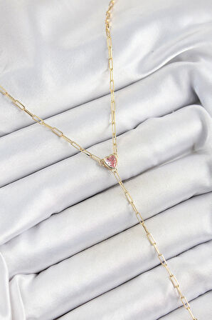 Pirinç Zirkon Taşlı Pembe Kalp Figürlü Y Model Gold Renk Kadın Kolye