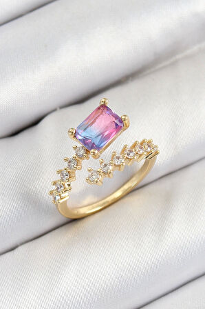Pirinç Zirkon Taşlı Renkli Model Gold Renk Kadın Yüzük