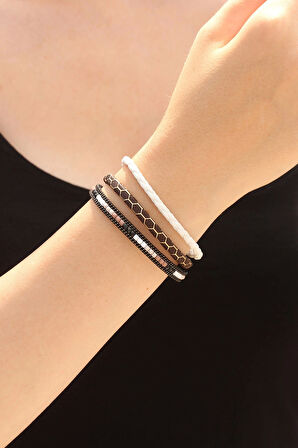 Kahverengi Desenli Tasarımlı Taşlı Beyaz Örgü Model Kadın Deri Bileklik