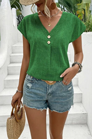 Kadın Kısa Kollu V Yakalı Düğmeli Keten Bluz