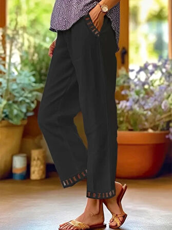 Kadın Beli Lastikli Bağcıklı Cep Ve Pantolon Ucu Güpür Detaylı Pantolon