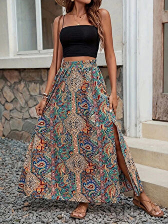 Kadın Beli Büzgülü Yandan Yırtmaçlı Desenli Süprem Etek