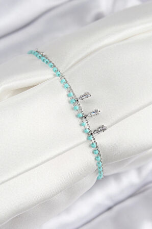 Pirinç Zirkon Taşlı Mavi Boncuklu Model Gümüş Renk Kadın Bileklik