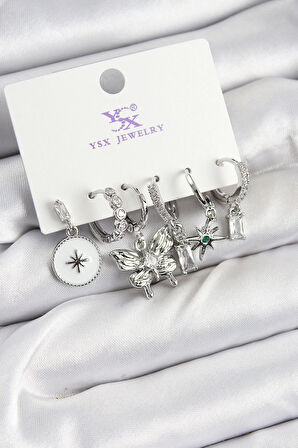 Pirinç Zİrkon Taşlı Kelebek ve Yıldız Model Gümüş Renk 3'lü Çift Kadın Küpe