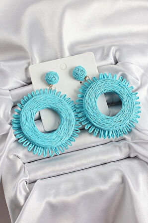 Mavi Püsküllü Halka Figürlü Hasır Örgü Model Gold Renk Kadın Küpe