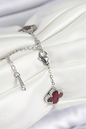 316L Çelik Sedefli Kırmızı Gümüş Renk Yonca Kadın Bileklik