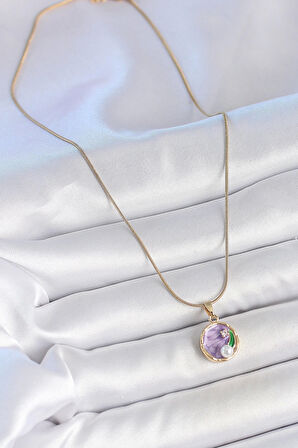 316L Çelik Gold Renk Zincir Mor Çiçek İşlemeli Zirkon Taş İnci Detaylı Minimal Portre Model Kadın Kolye