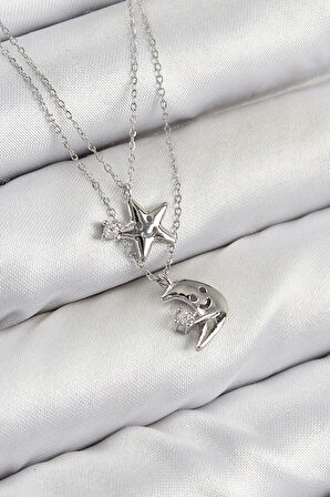 Pirinç Zirkon Taşlı Yıldız Ve Ay Model Gümüş Renk Kadın Kolye