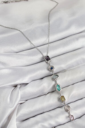 Pirinç Renkli Zirkon Taşlı Model Gümüş Renk Kadın Y Kolye