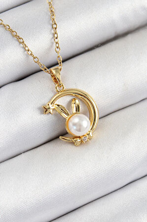 316L Çelik İnci Detaylı Hilal Tavşan Model Gold Renk Kadın Kolye