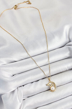 316L Çelik İnci Detaylı Hilal Tavşan Model Gold Renk Kadın Kolye