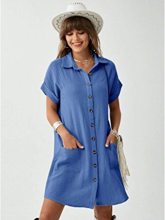 Kadın Cep Detay Müslin Kumaş Mini Gömlek Elbise