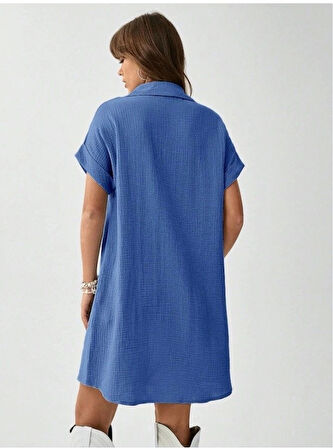 Kadın Cep Detay Müslin Kumaş Mini Gömlek Elbise