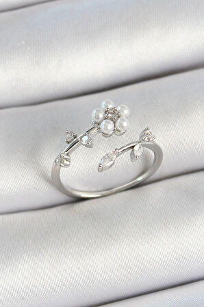 Pirinç İnci Detaylı Papatya Figürlü Zirkon Taşlı Gümüş Renk Ayarlanabilir Kadın Yüzük