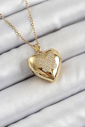 316L Çelik Zincir Açılabilir Kelebek Figürlü Kalp Model Zirkon Taşlı Gold Renk Kadın Kolye