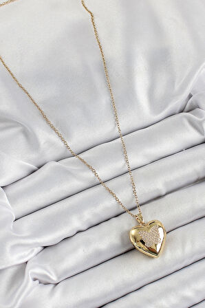 316L Çelik Zincir Açılabilir Kelebek Figürlü Kalp Model Zirkon Taşlı Gold Renk Kadın Kolye