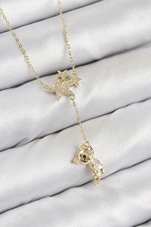 Pirinç Zirkon Taşlı Sallantılı Ayıcıklı Yıldız Model Gold Renk Kadın Kolye