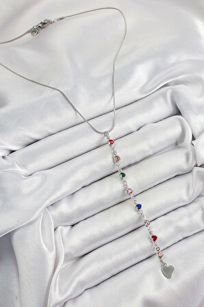 Pirinç Gümüş Renk Karışık Renk Zirkon Taşlı Kalpli Y Kadın Kolye