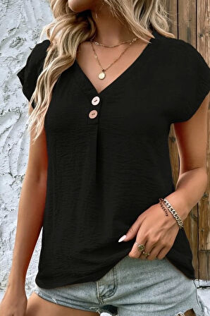Kadın Kısa Kollu V Yakalı Düğmeli Keten Bluz
