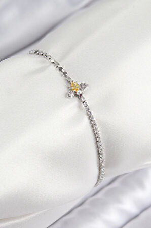 Pirinç Zirkon Taşlı Arı Model Ezme Zincir Gümüş Renk Kadın Bileklik