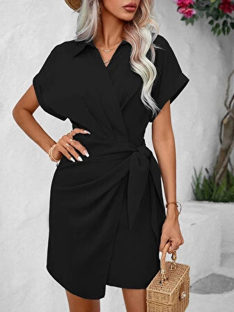 Kadın Kısa Kollu Yakalı Yandan Bağlamalı Dokuma Elbise