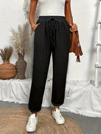 Kadın Yüksek Bel Lastikli Belde Bağcık Detaylı Aerobin Pantolon