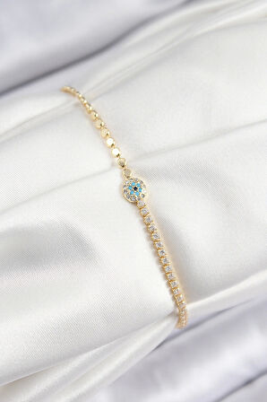 Pirinç Zirkon Taşlı Nazar Model Ezme Zincir Gold Renk Kadın Bileklik