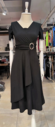 Kadın Kısa Kollu Kruvaze Yaka Kuşak Ve Toka Detay Krep Elbise