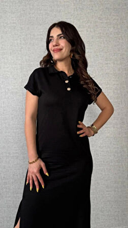 Kadın Kısa Kollu Yakalı Yandan Yırtmaçlı Viskon Iki Iplik Elbise