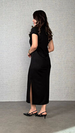 Kadın Kısa Kollu Yakalı Yandan Yırtmaçlı Viskon Iki Iplik Elbise