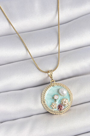 316L Çelik Gold Renk Zincir Mavi Mineli İnci Çiçek İşlemeli Zirkon Taş Detaylı Madalyon Model Kadın Kolye