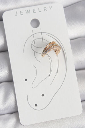 Pirinç Gold Renk Zirkon Taşlı 3'Lü Sıralı Model Kadın Kıkırdak Küpe