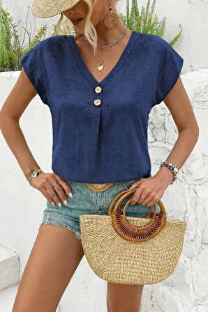 Kadın Kısa Kollu V Yakalı Düğmeli Keten Bluz