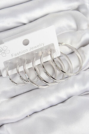 Pirinç Halka Model Gümüş Renk Kadın Set Küpe