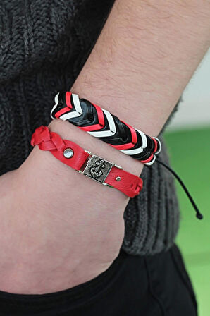 Siyah Kırmızı Renk Deri Erkek Bileklik Kombin