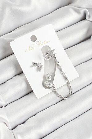 Pirinç Kelebek Figürlü Zirkon Taşlı Gümüş Renk 3'lü Kıkırdak Kadın Küpe Set