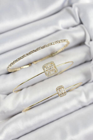 Pirinç Zirkon Taşlı Baget Model Gold Renk Vip 3'lü Kadın Bileklik