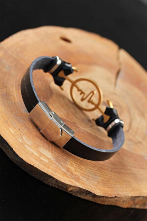 Gold Renk Metal Nabız Tasarım Siyah Renk Deri Erkek Bileklik