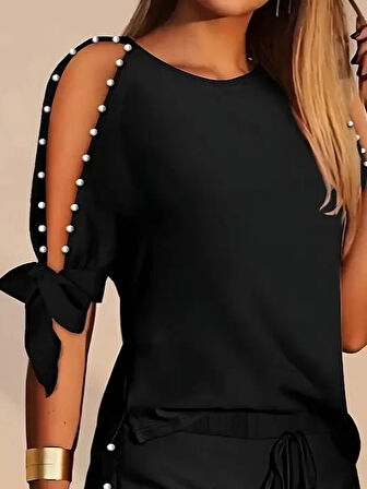 Kadın Kısa Kollu Bisiklet Yaka Yarı Açık Omuz Inci Detaylı Short T-shirt Viskon Ikili Takım