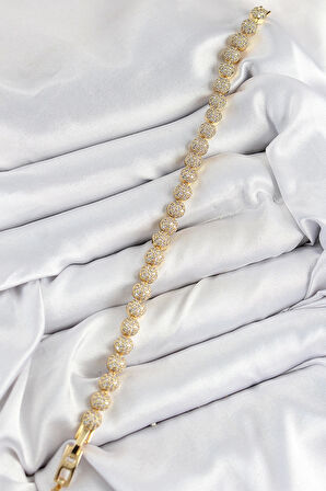 Pirinç Zirkon Taşlı Yarım Topcuk Model Gold Renk VIP Seri Kadın Bileklik