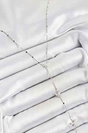 Pirinç Zirkon Taşlı Sıralı Kelebek Figürlü Y Model Gümüş Renk Kadın Kolye