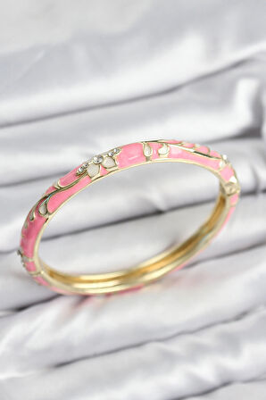 Mineli Pirinç Zirkon Taşlı Pembe Çiçek Motifli Gold Kadın Kelepçe