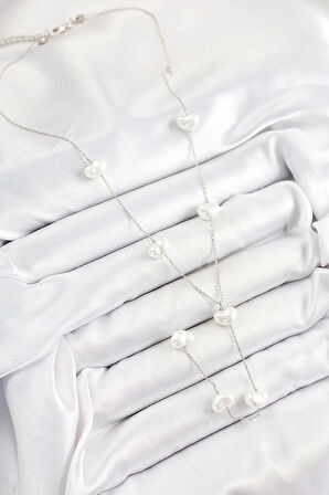 Pirinç İncili Kalp Figürlü Y Model Gümüş Renk Kadın Kolye