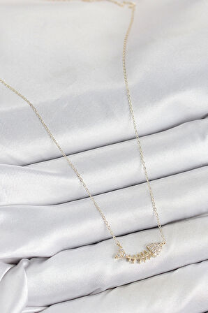 Pirinç Zirkon Taşlı Balık Kılçığı Model Gold Renk Kadın Kolye