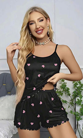 Kadın Siyah Kalp Desenli Seksi Gecelik Takım 5018