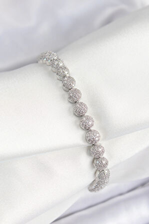 Pirinç Zirkon Taşlı Yarım Topcuk Model Gümüş Renk VIP Seri Kadın Bileklik