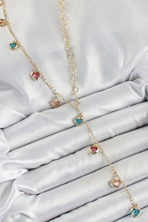 Pirinç Asorti Kalp Model Gold Renk Zirkon Taşlı Y Kolye